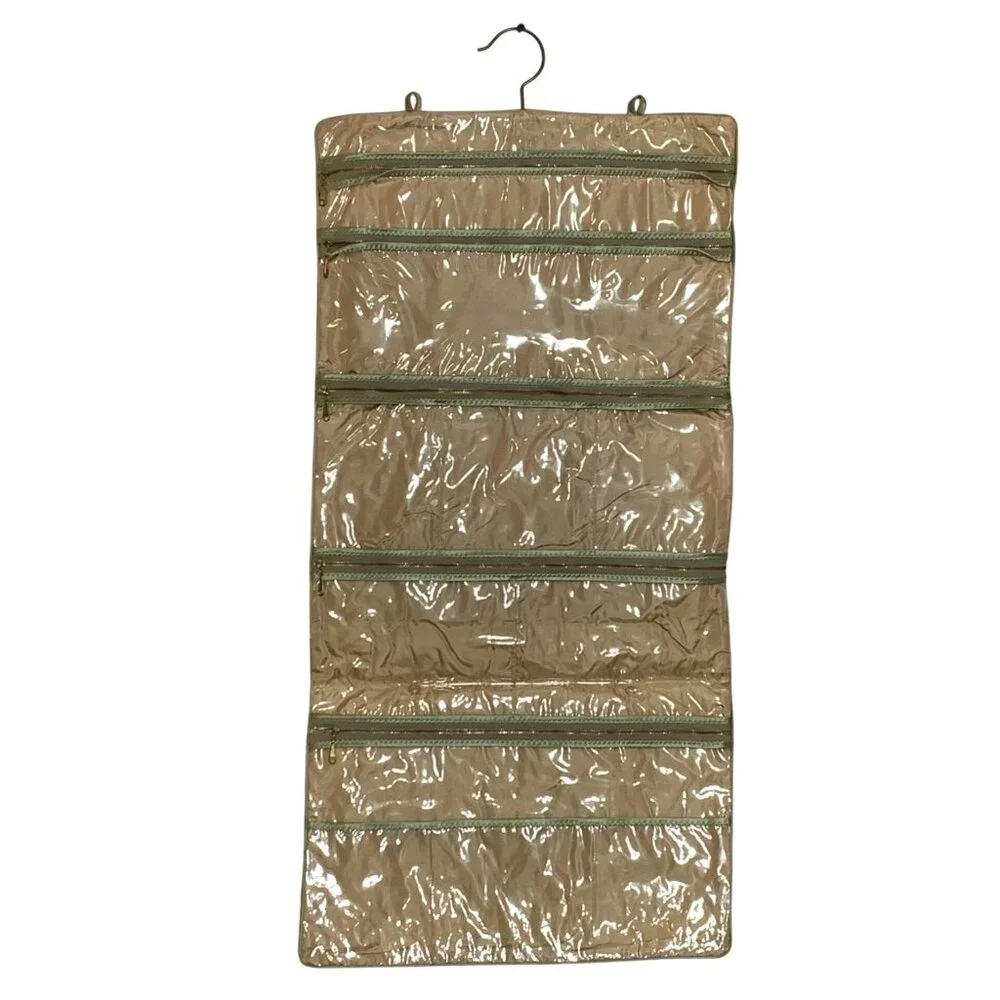 60s Hanging Fold Jewelry Lingerie Organizer Bag Green Floral Damask Talon Zipper - Picture 2 of 5